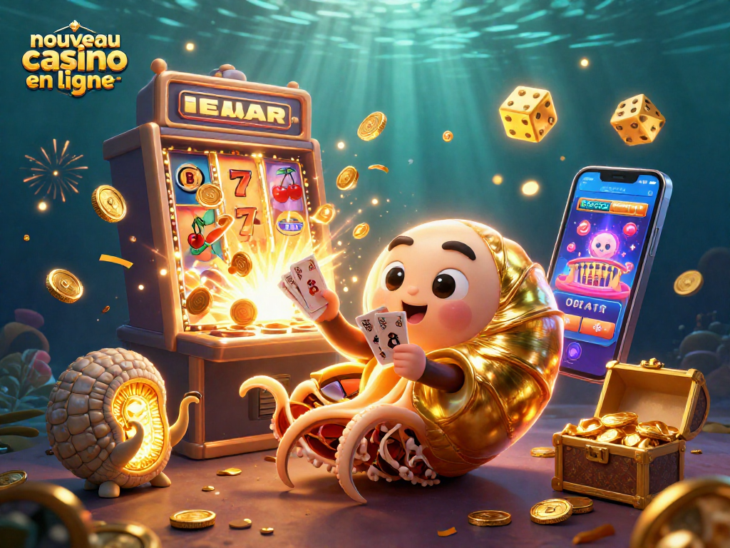 Visualisez l'excitation d'un nouveau casino en ligne avec un nautilus géant tenant des cartes et entouré de machines à sous.