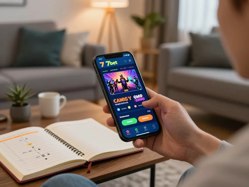 77bet player enjoying mobile gaming experience with casino app in cozy living room setting
