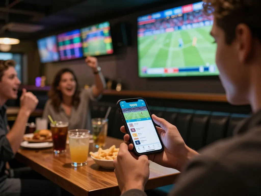 Person placing sports bets on a smartphone screen using the qq88 app in a lively bar atmosphere.