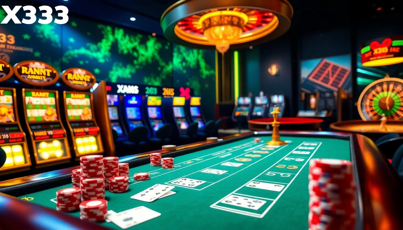 X333 casino scene showcasing poker, vibrant slots, and online betting excitement.