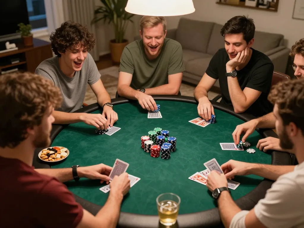 Players enjoying an exciting poker game night with rokok88 themed poker chips in a cozy home setting.