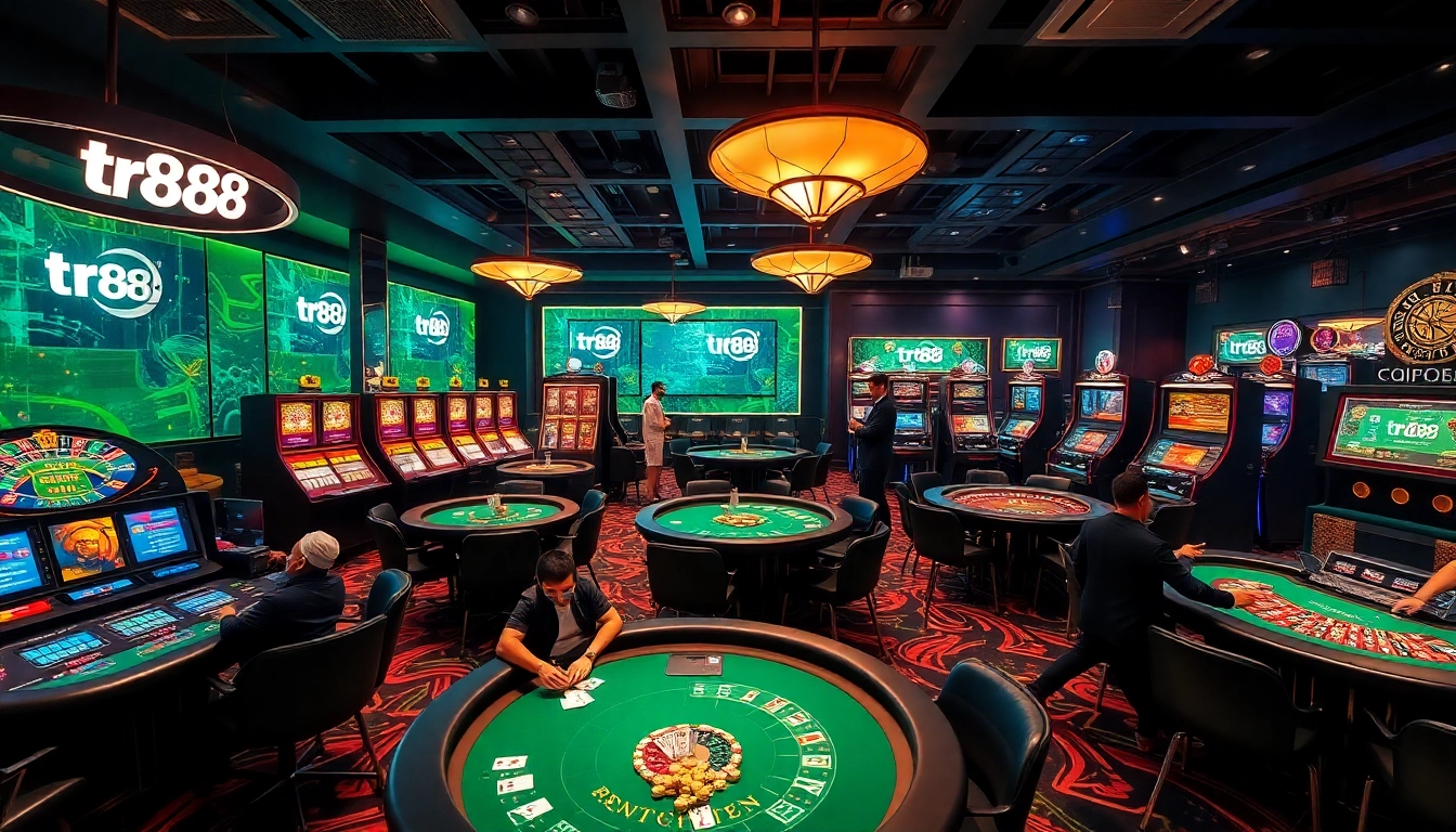 Exciting casino scene showcasing online gambling with tr88 branding and vibrant gaming elements.