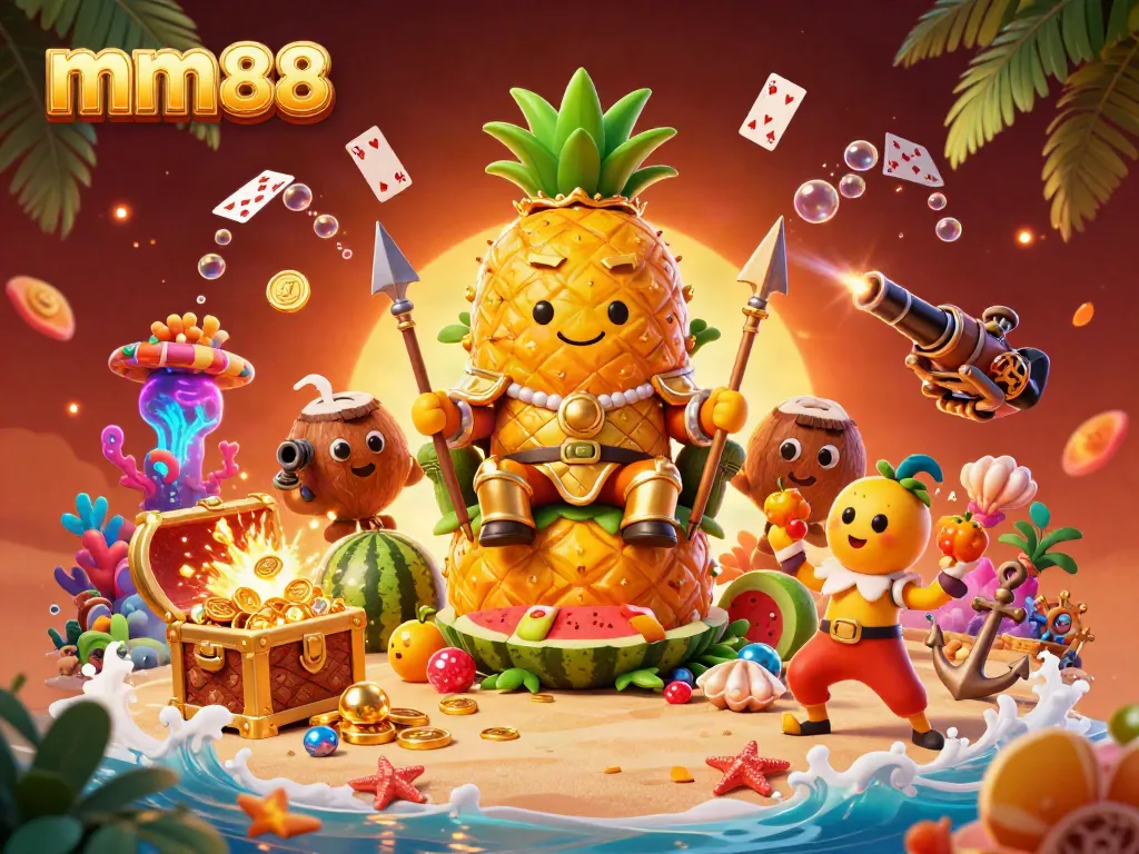 Experience the excitement of mm88 in this vibrant 3D casino scene featuring the golden pineapple king.