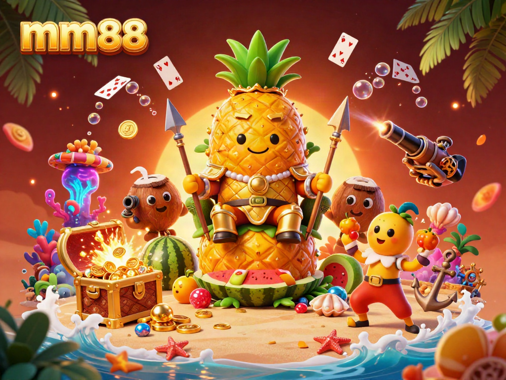 Experience the excitement of mm88 in this vibrant 3D casino scene featuring the golden pineapple king.