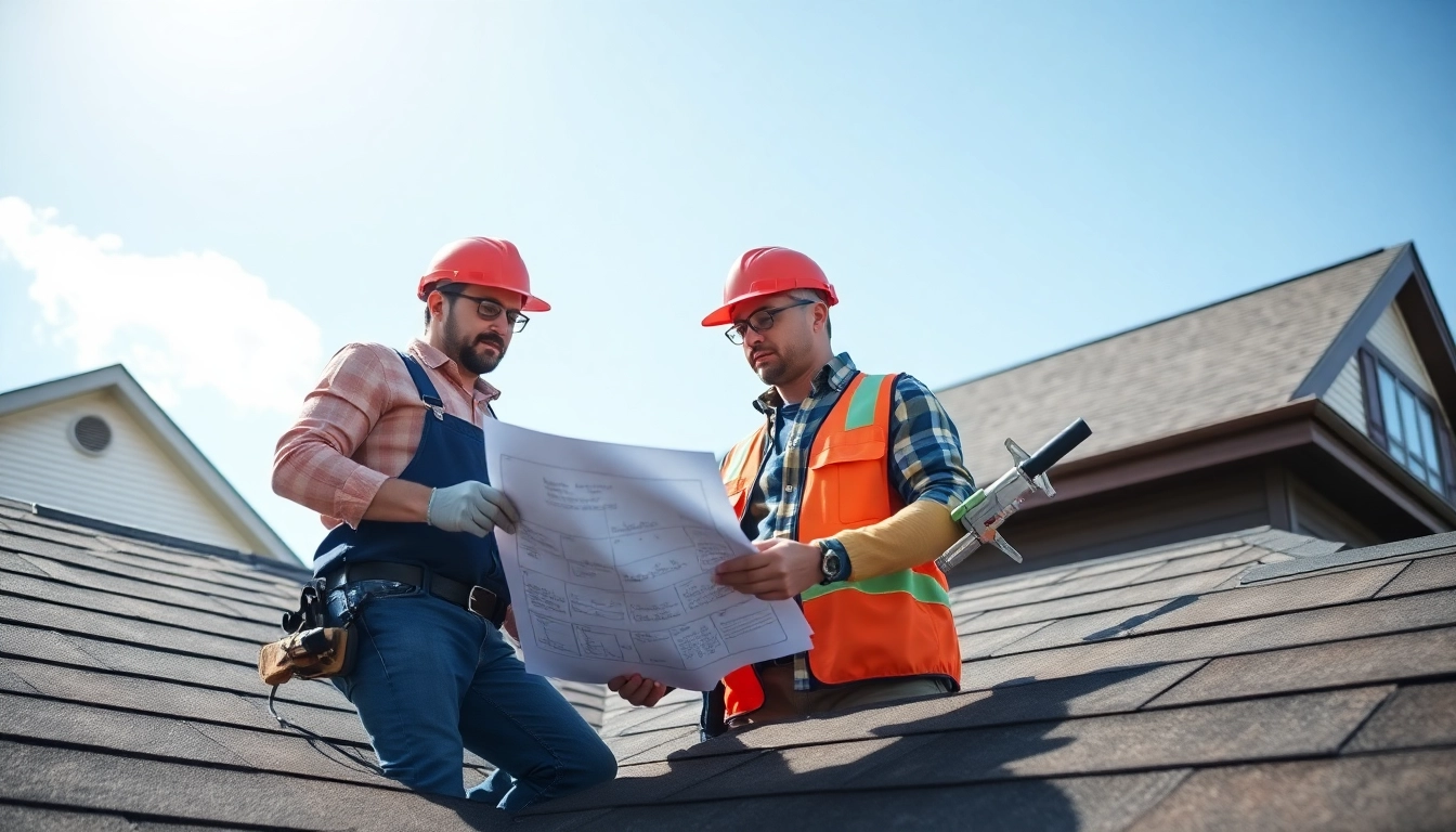 Inspecting a roof in South Jersey with contractors using tools and blueprints.