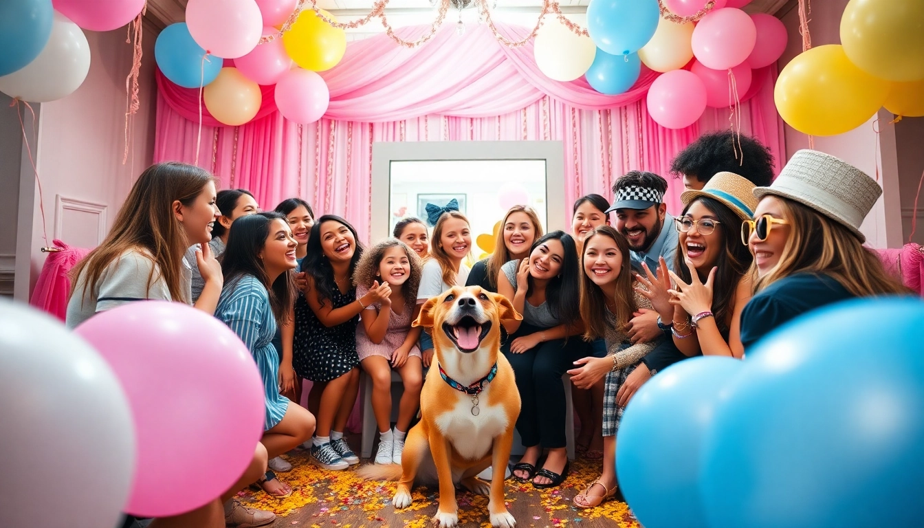Guests enjoying a photo booth rental at a lively celebration with colorful decorations.