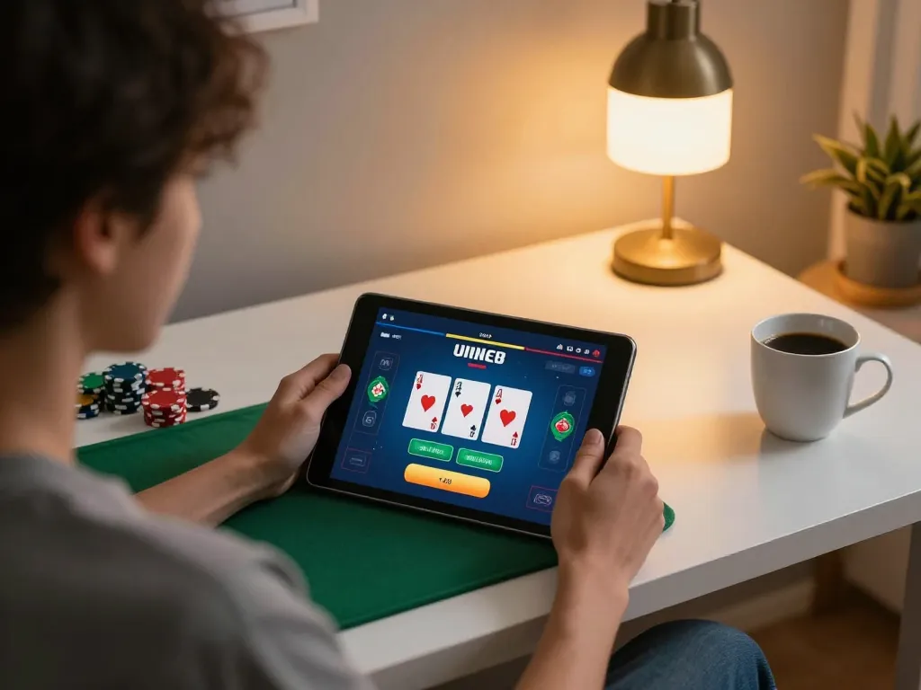 Experience exciting online poker gameplay on luck8l with dynamic tablet interface and cozy home setup.