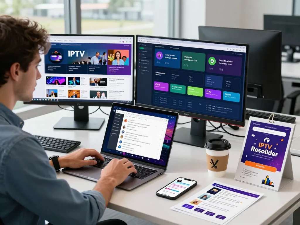 Engaged user managing the Sky Glass IPTV Reseller Panel in a modern office environment, showcasing analytics and subscription options.