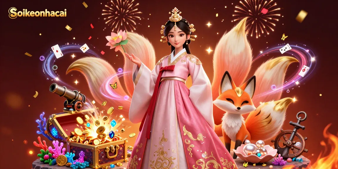 Engaging scene of soikeonhacai featuring a graceful Asian woman and lucky fox amidst vibrant casino elements.