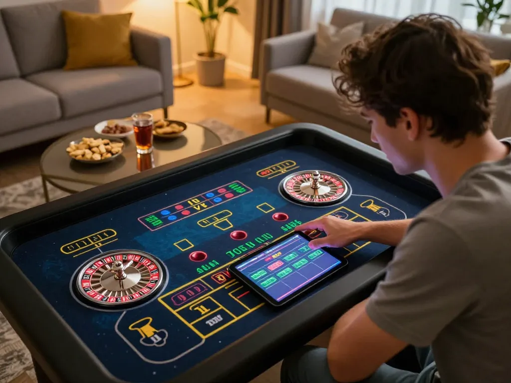 Player enjoying live roulette on UG88 tablet with vibrant graphics in cozy home setting.