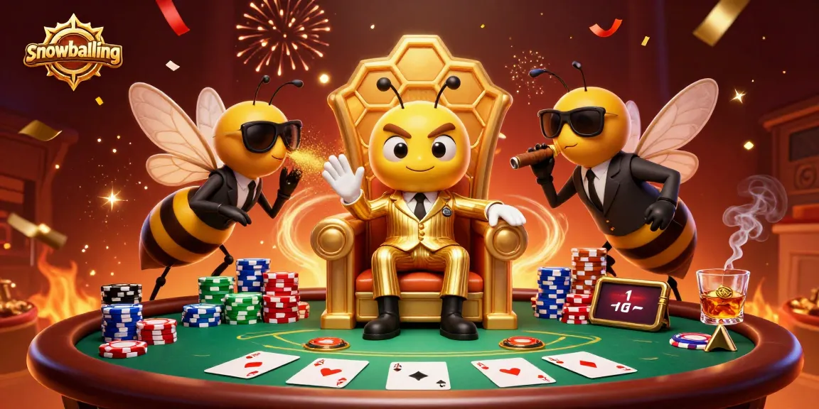 Snowballing in a vibrant casino scene featuring a bumblebee mob boss, poker chips, and colorful confetti.