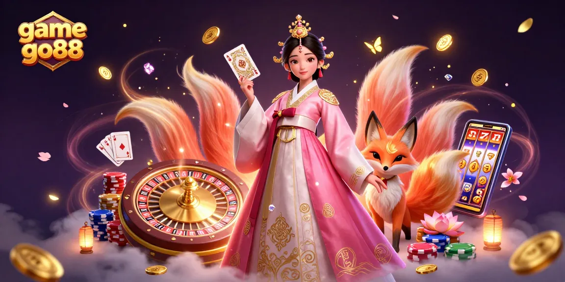 Experience the game go88 with exciting animations including golden coins, a lucky fox, and a graceful character.