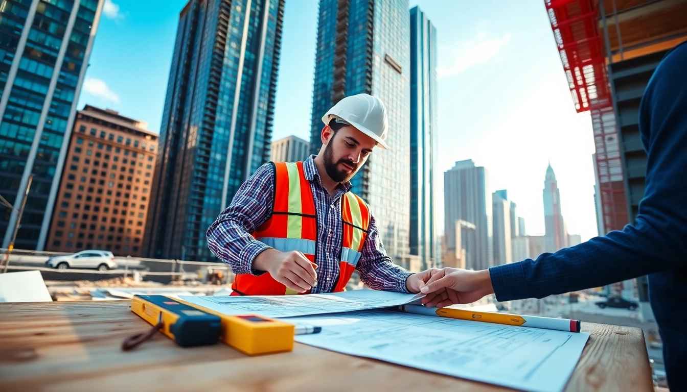 New York City Commercial General Contractor reviewing blueprints on construction site with tools.