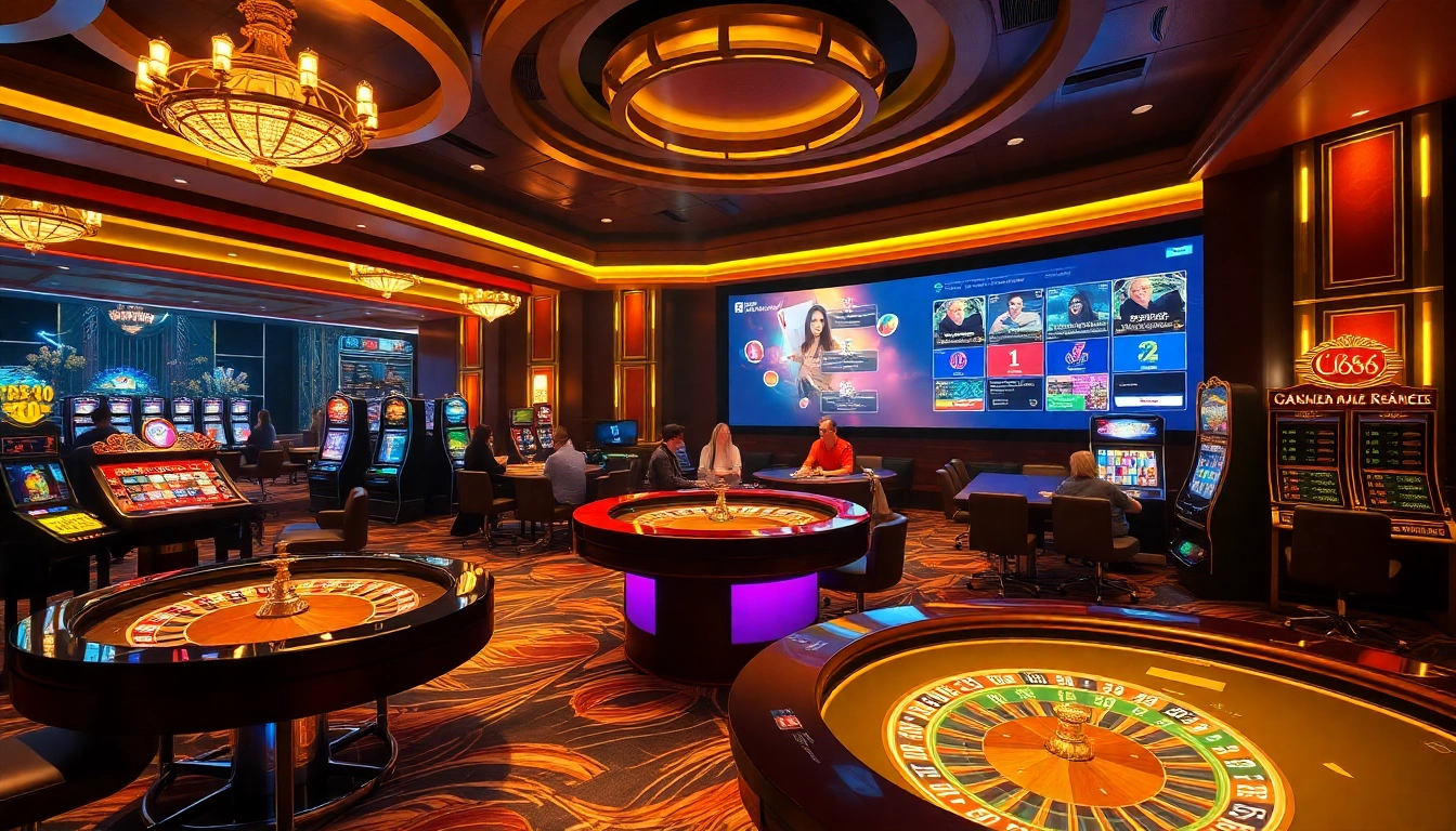 Exciting gambling action at Trang chủ U888 featuring vibrant casino tables, players, and slot machines.