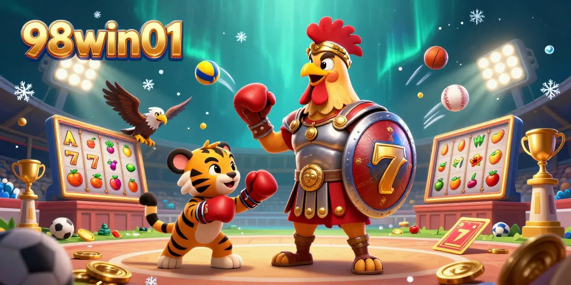 Engage with 98win01 casino adventure featuring a gladiator rooster and tiger cub among vibrant slot game elements.