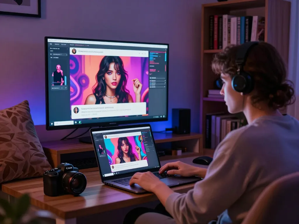 Engaging in nsfw ai chat on a laptop in a cozy lounge setting, surrounded by erotic digital art.