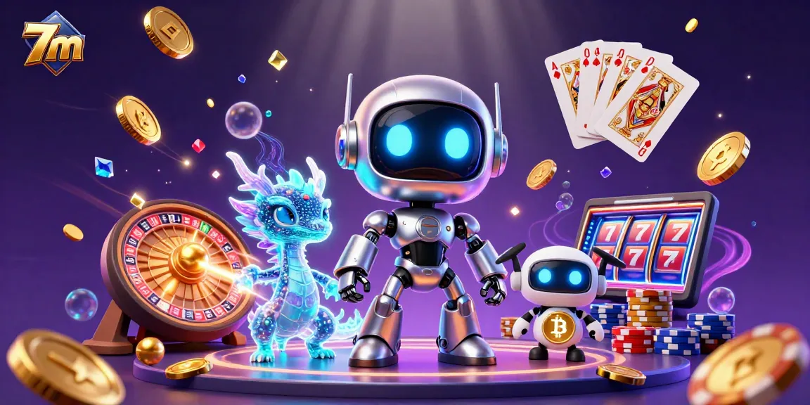 Experience the excitement of 7m with a vibrant 3D illustration featuring a cyberpunk robot, AI dragon, and casino elements.