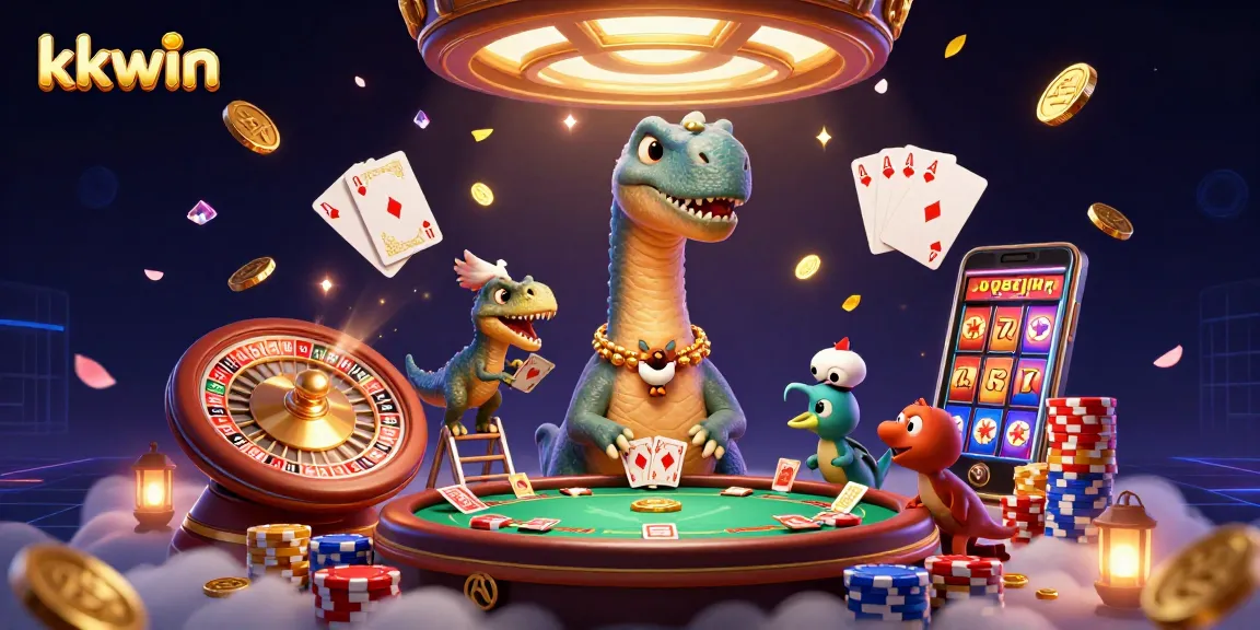 Engage in thrilling moments at kkwin while a clever raptor deals cards amidst sparkling gems and rich casino elements.