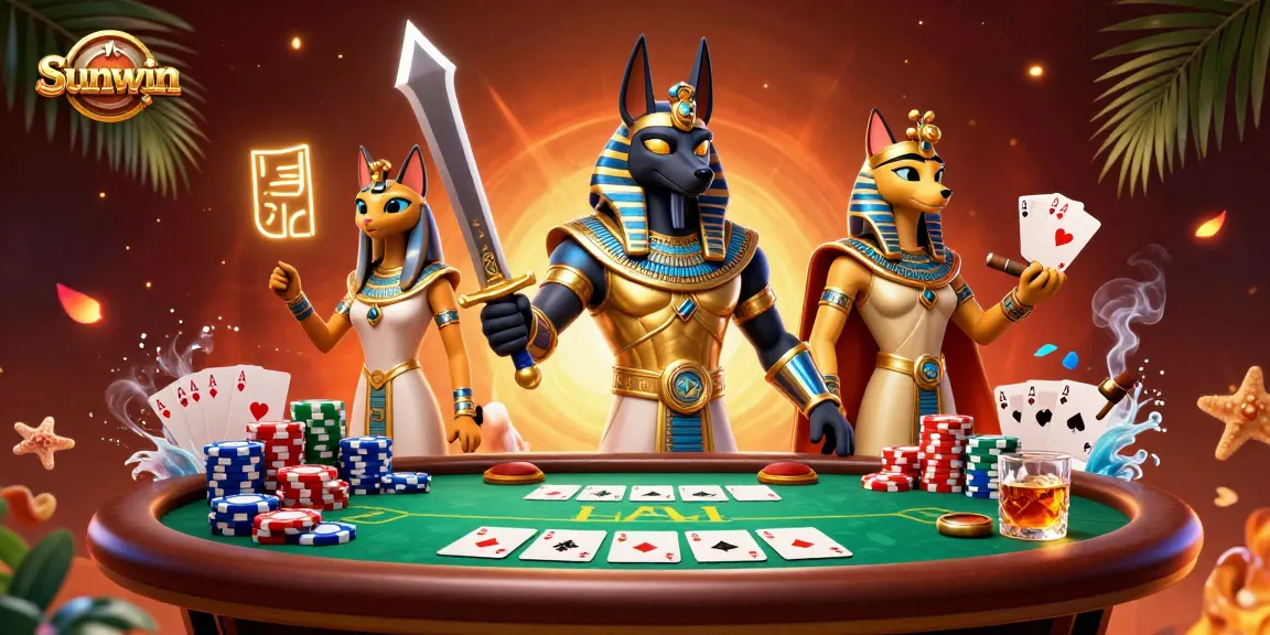 Sunwin poker game featuring Anubis and Bastet in a vibrant casino scene.