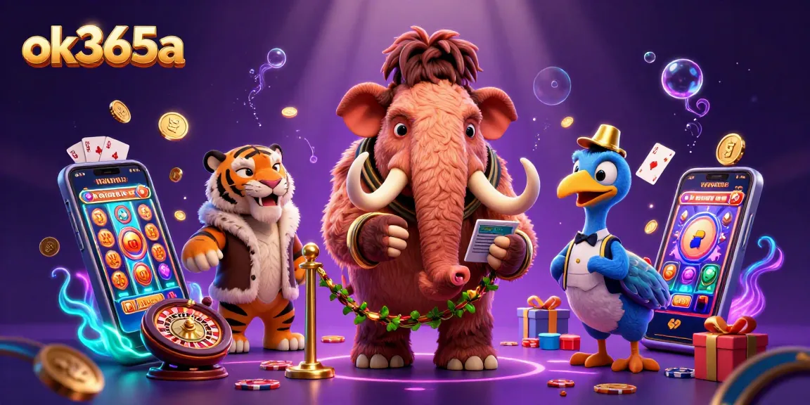 Experience the vibrant energy of ok365a's lively casino world with a 3D mammoth bouncer and lively guests.