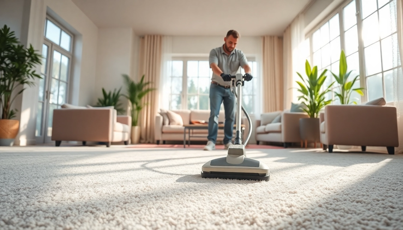 Professional carpet cleaning technician at work in a bright living room with sunlit carpets.
