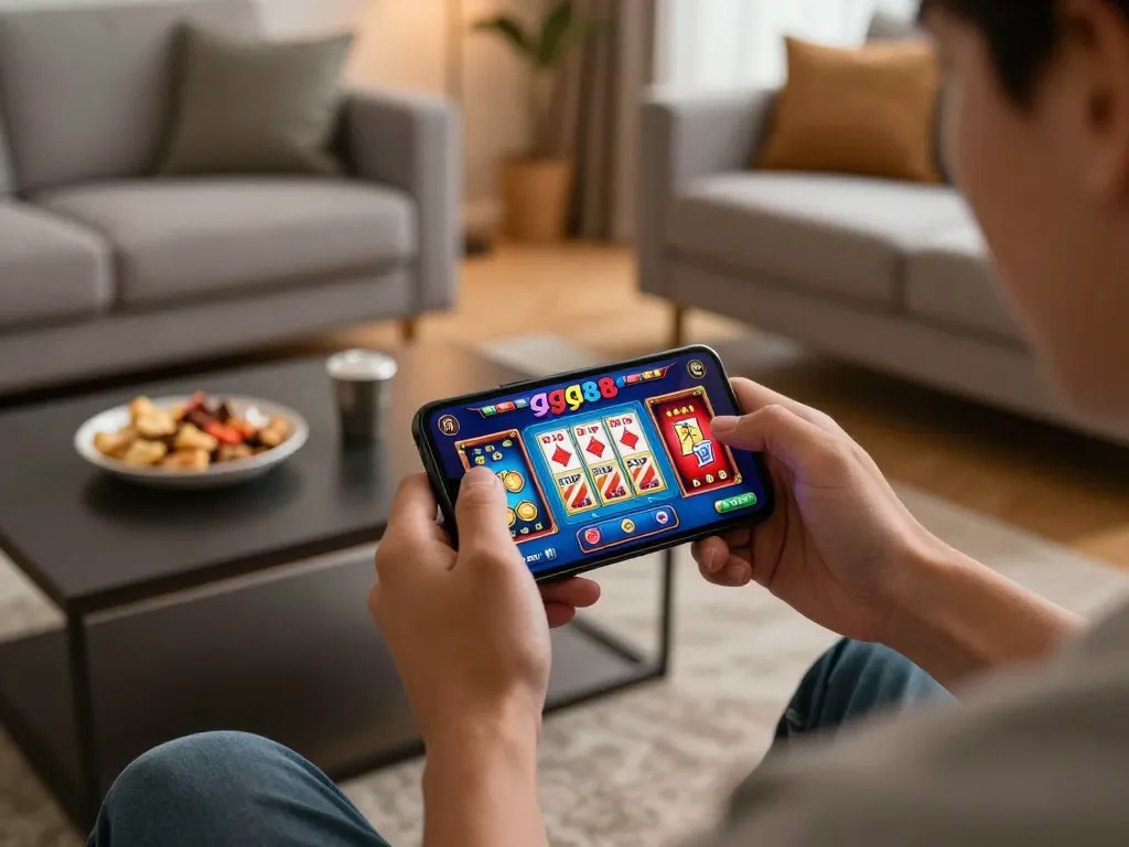 Experience the excitement of online gambling with gg88 on your smartphone in a cozy home setting.