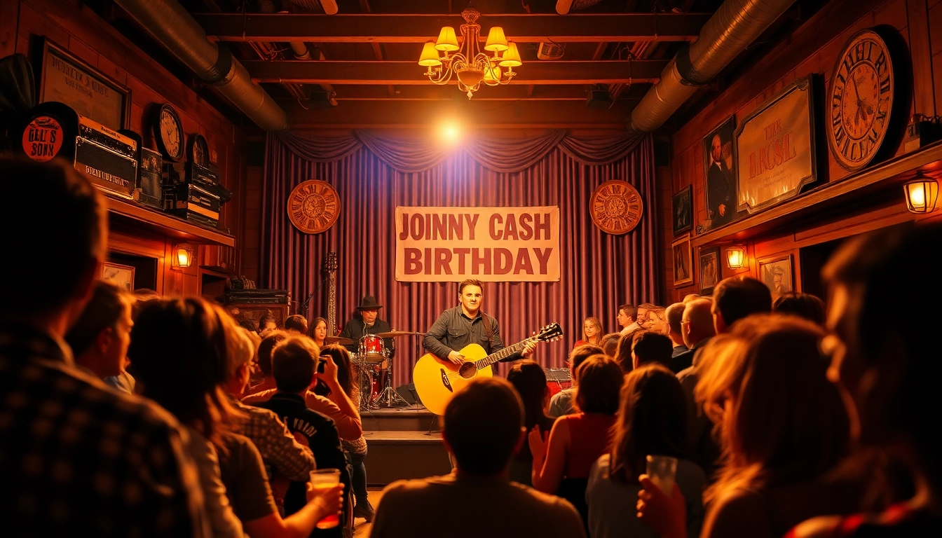 Experience the Johnny Cash birthday celebration at johnnycashbirthday.com with enthusiastic fans and vintage decor.