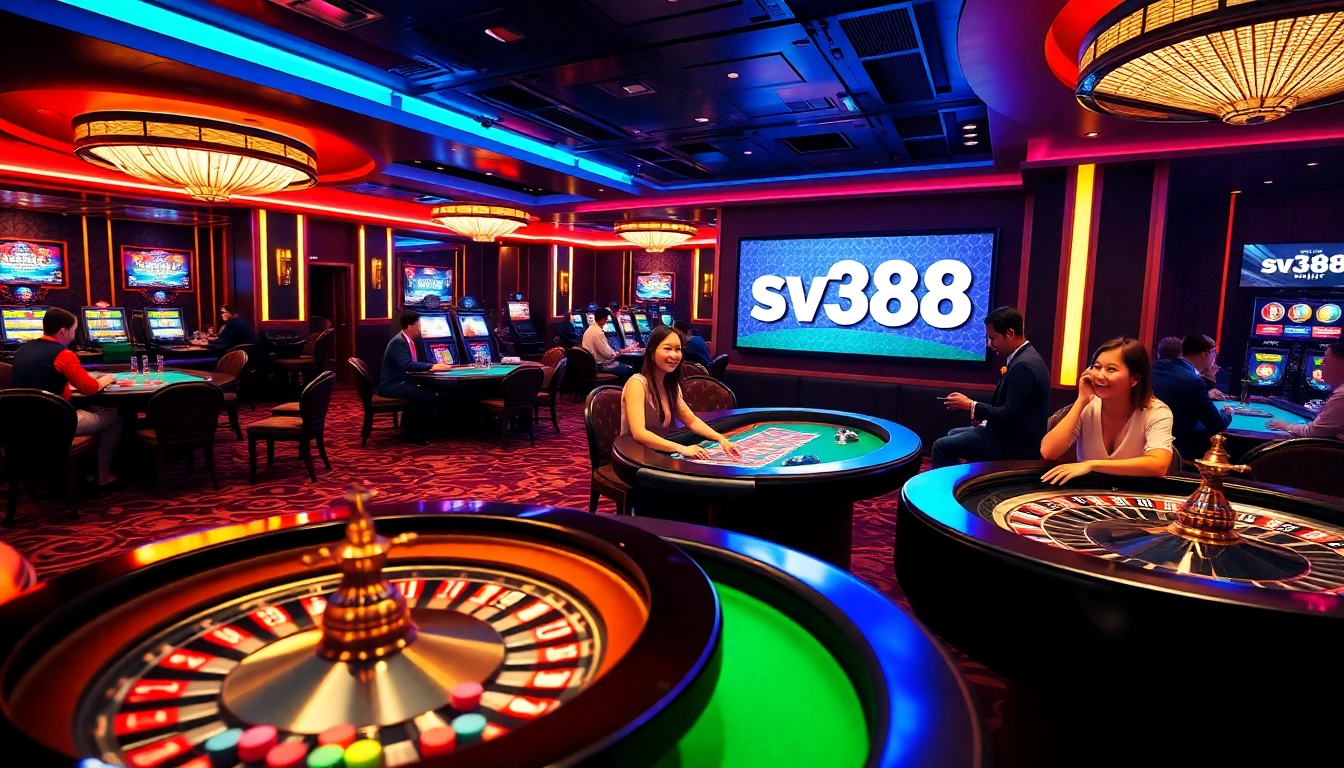 Action-packed scene featuring sv388 logo on a vibrant casino interface with players enjoying poker.