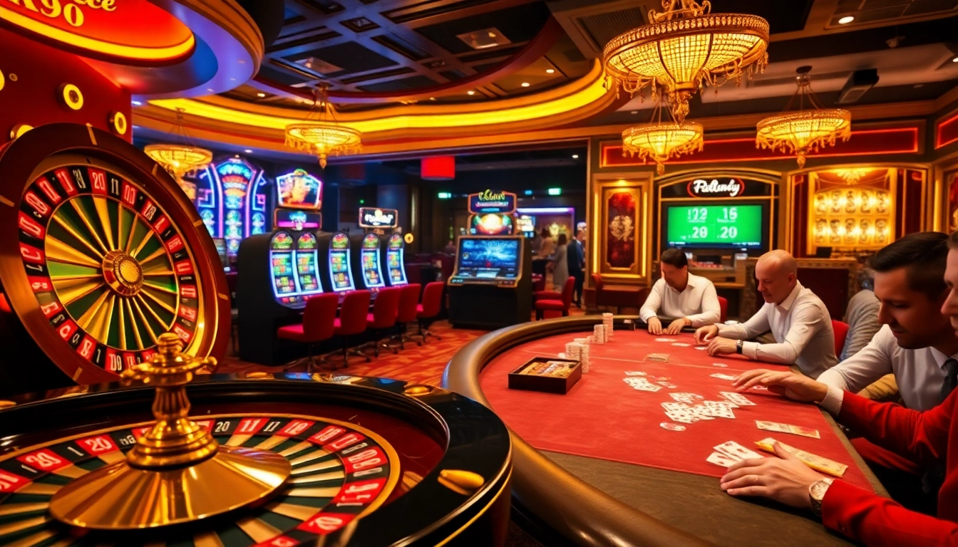 Players enjoying a thrilling gambling experience at https://tr88.forum/ with casino tables and vibrant slot machines.