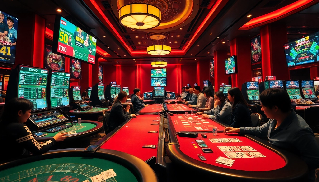 Exciting casino scene depicting players at tk88win.live, engaging in card games and sports betting.