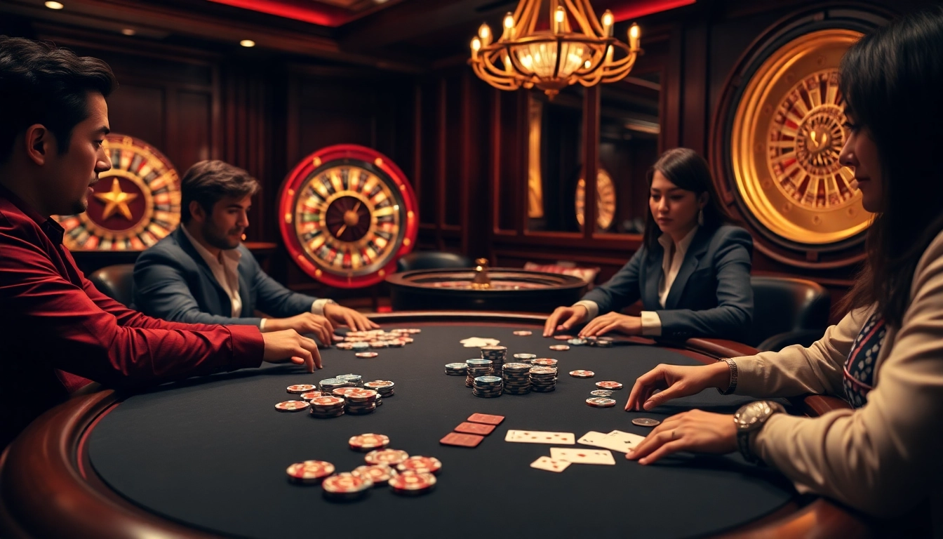 ZK88 online gambling players engaging at a high-stakes poker table in a luxurious casino.