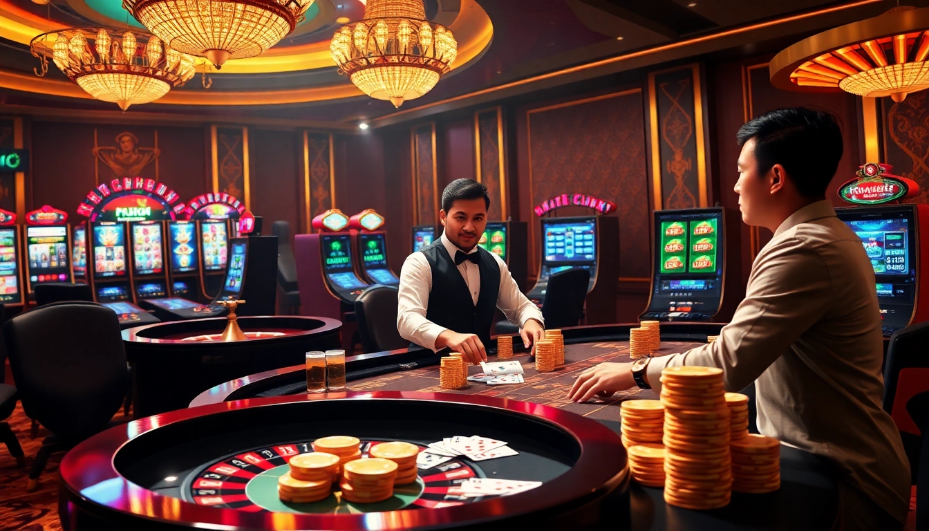 Experience thrilling online betting at dom88.us.com with a vibrant casino scene showcasing poker, roulette, and live casino dealers.