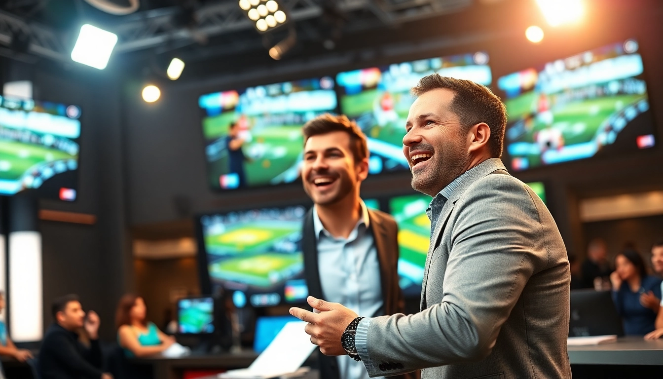 Engaging sports broadcasting scene featuring an announcer and dynamic live event displays.