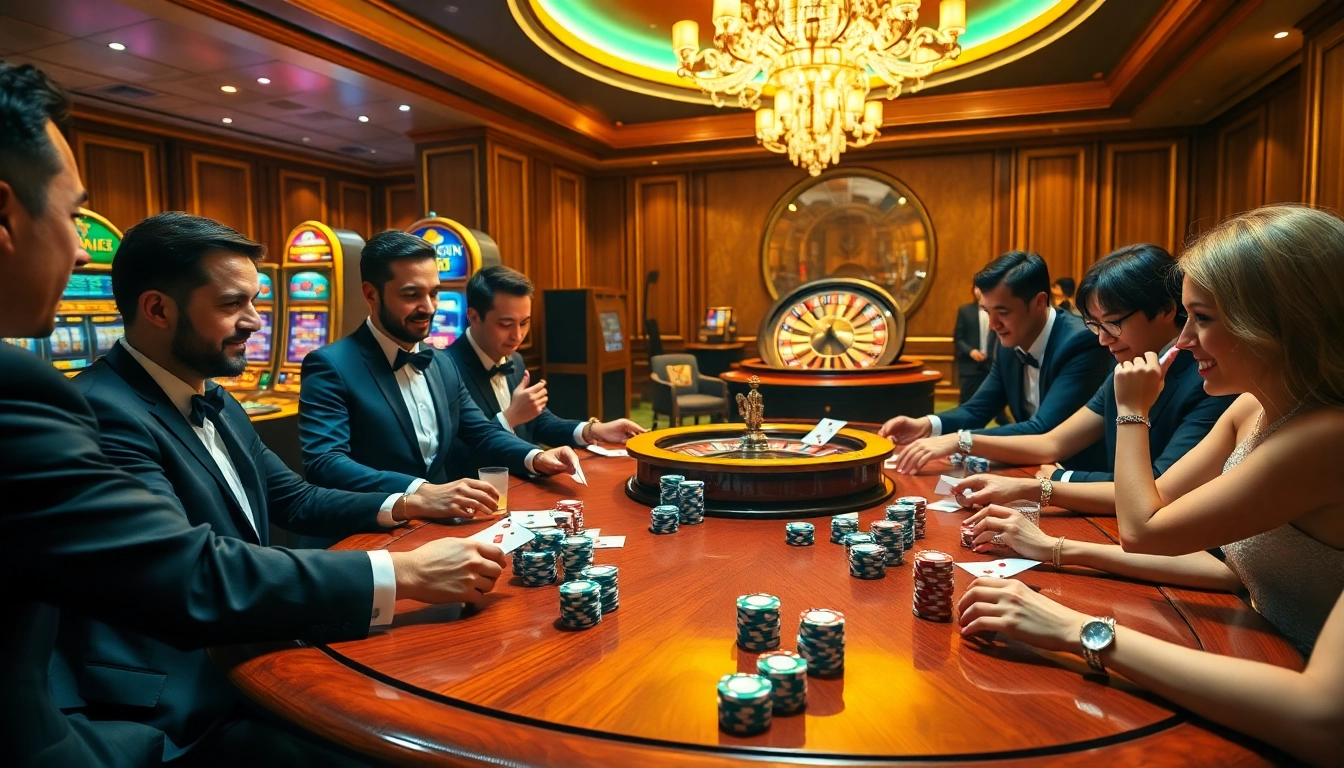Engaged players at SV88 navigate an exciting poker table in a luxurious casino atmosphere.