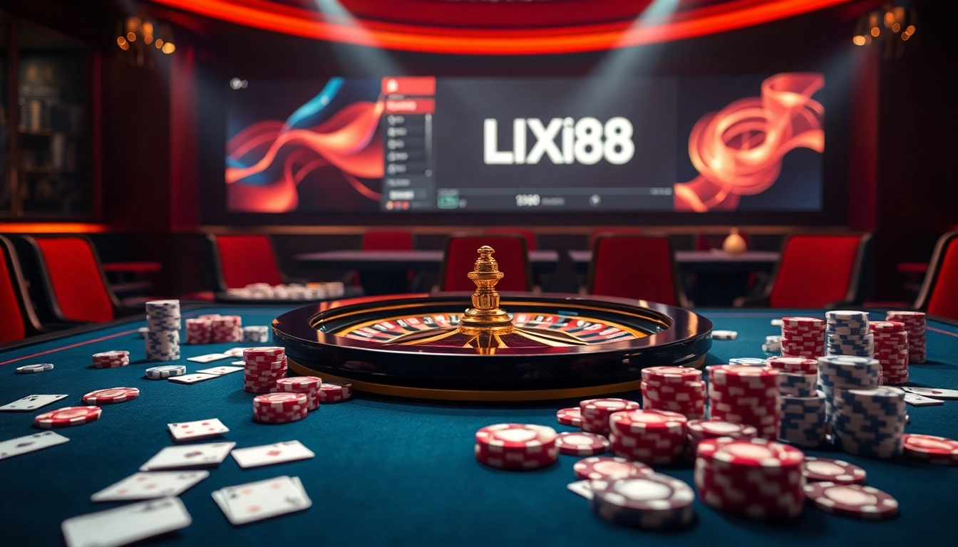 Lixi88 đăng nhập with vibrant casino elements, featuring poker chips and a roulette wheel for an exciting online gambling experience.