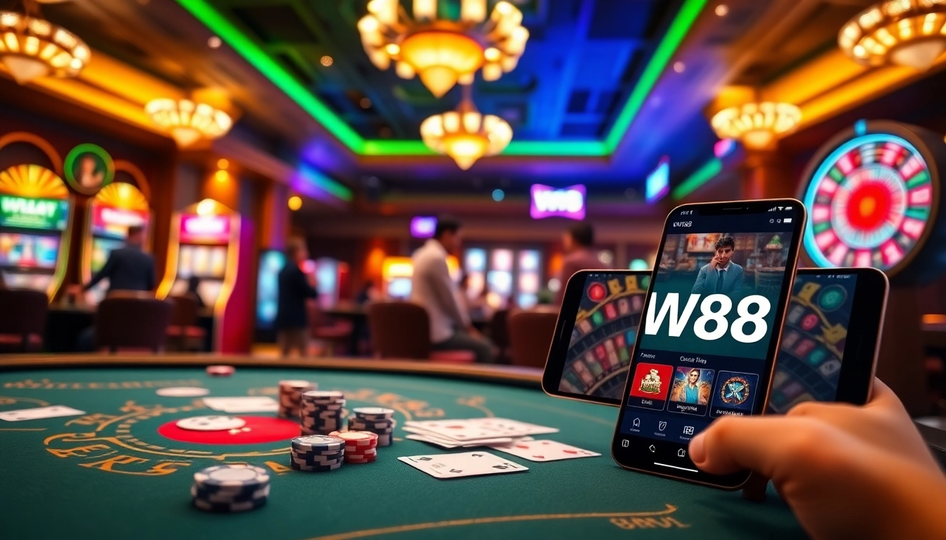 WW88 online gaming scene featuring poker chips and a roulette wheel for thrilling experiences.