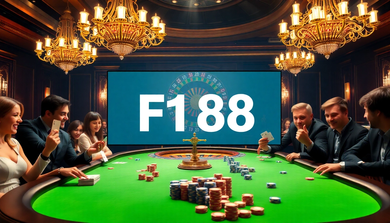 F168 đăng nhập at a vibrant casino poker table with excited players and roulette wheel.