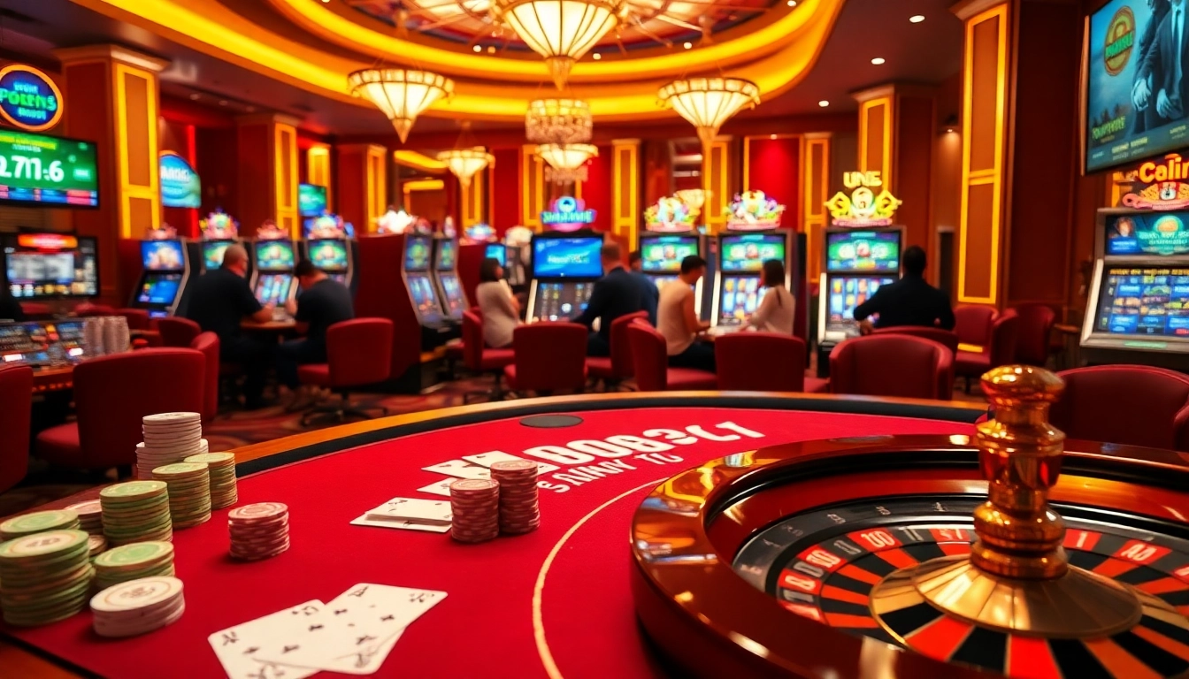 Experience the thrill of gambling as you tải LUCK8 with vibrant casino visuals of poker tables, roulette wheels, and eager players.