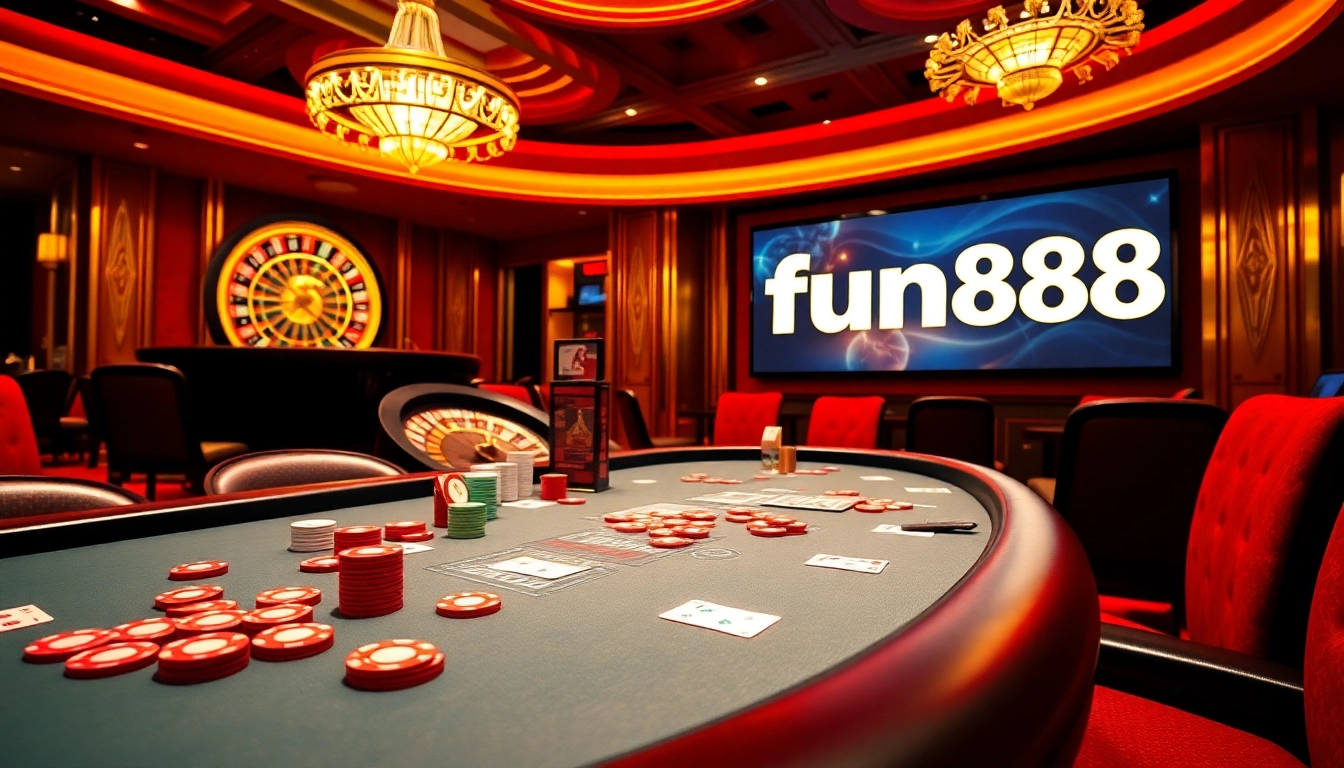 Thrilling gambling at a poker table highlighting the fun88 link amidst a luxurious casino setting.