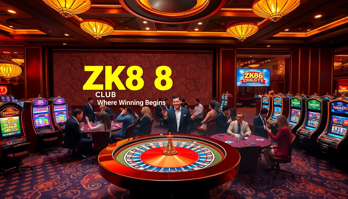 ZK88 Club roulette table with excited players and vibrant slot machines in a luxurious casino environment.