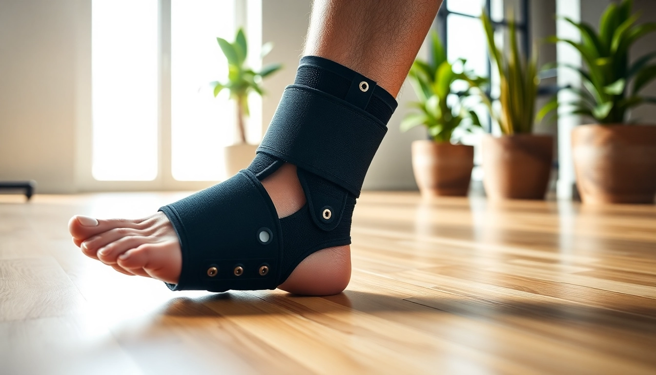 Ankle brace to prevent dorsiflexion supporting mobility and recovery on a gym floor.