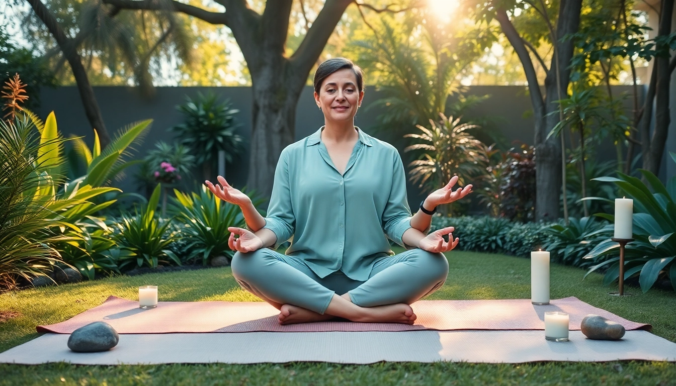 Promote mental wellness with a relaxed coach practicing mindfulness in a serene garden.