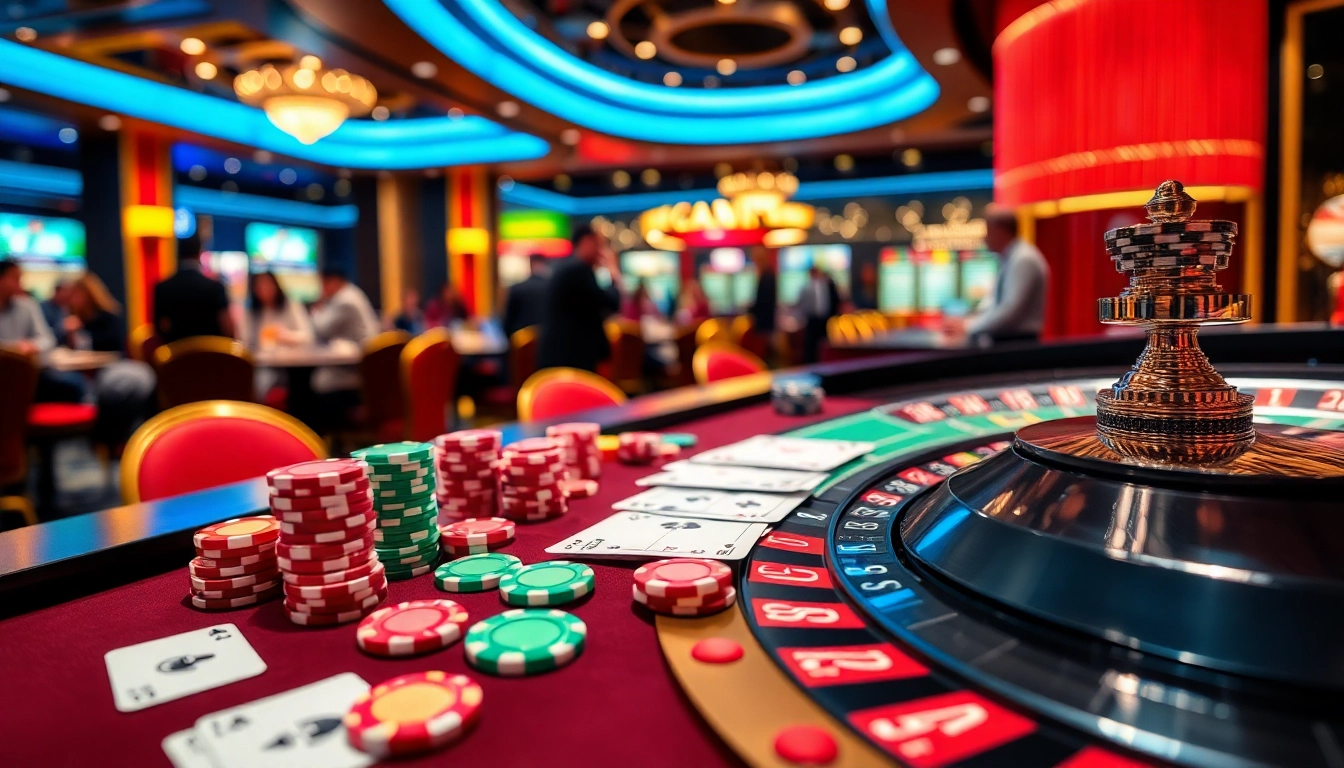 Experience the thrill of gambling with TG88 at a luxurious casino table featuring vibrant poker chips and roulette.