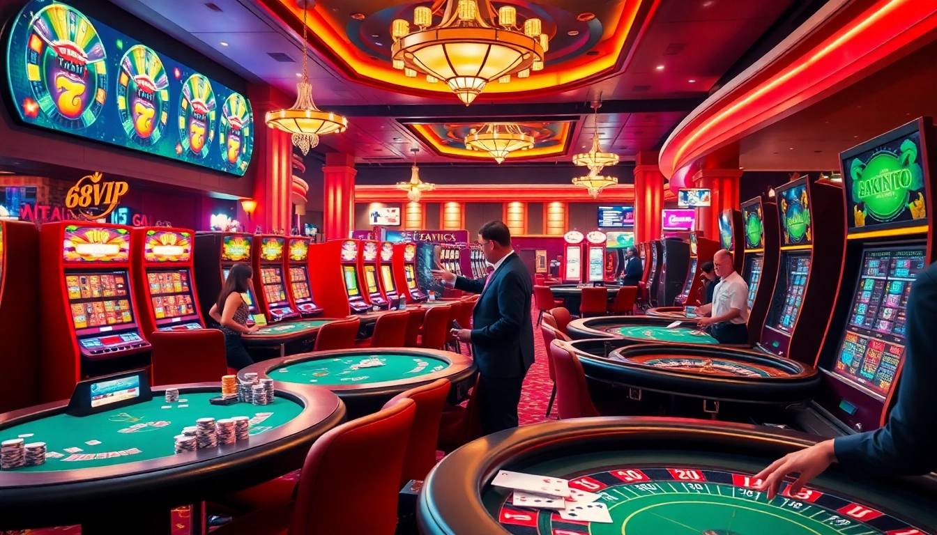 Players enjoying exciting games at 68VIP casino, featuring vibrant tables and slot machines.