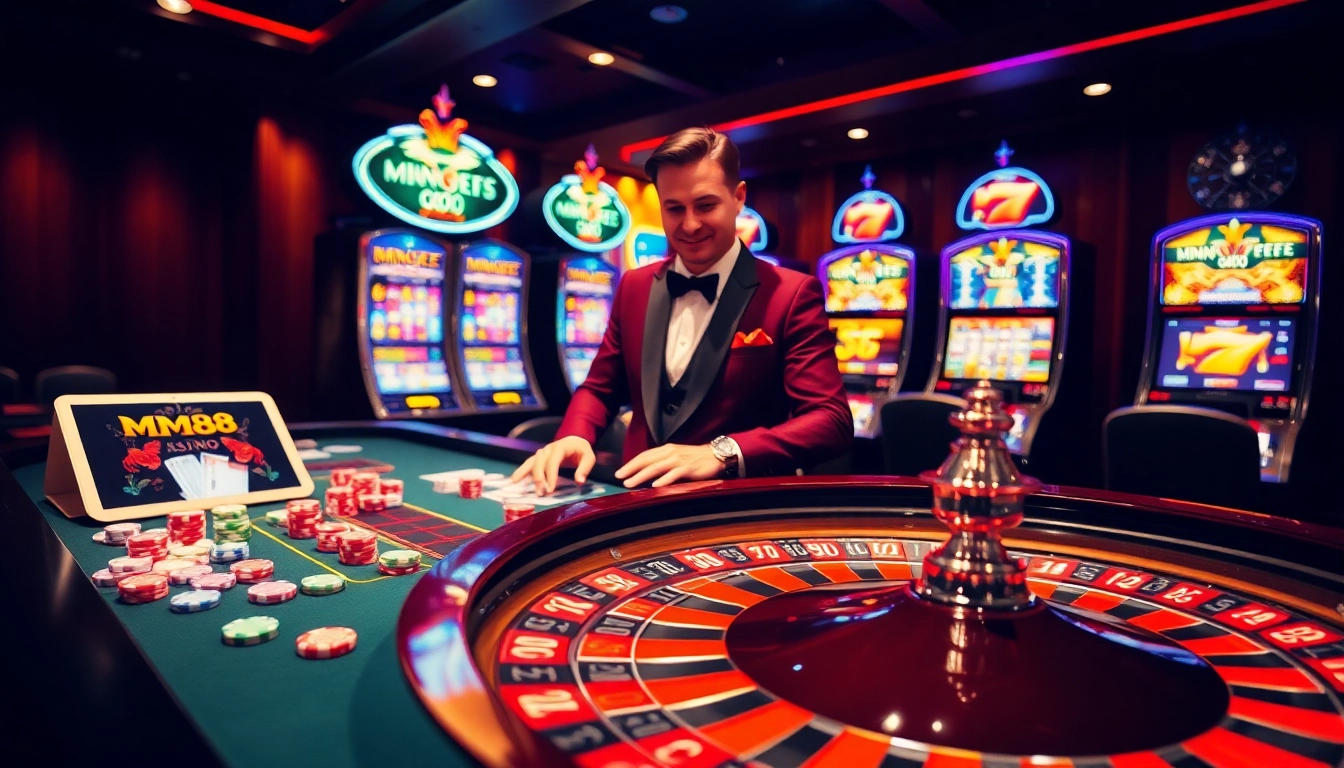 Visually depict the excitement of online gaming at https://mm88.observer/ with casino tables and engaging dealers.