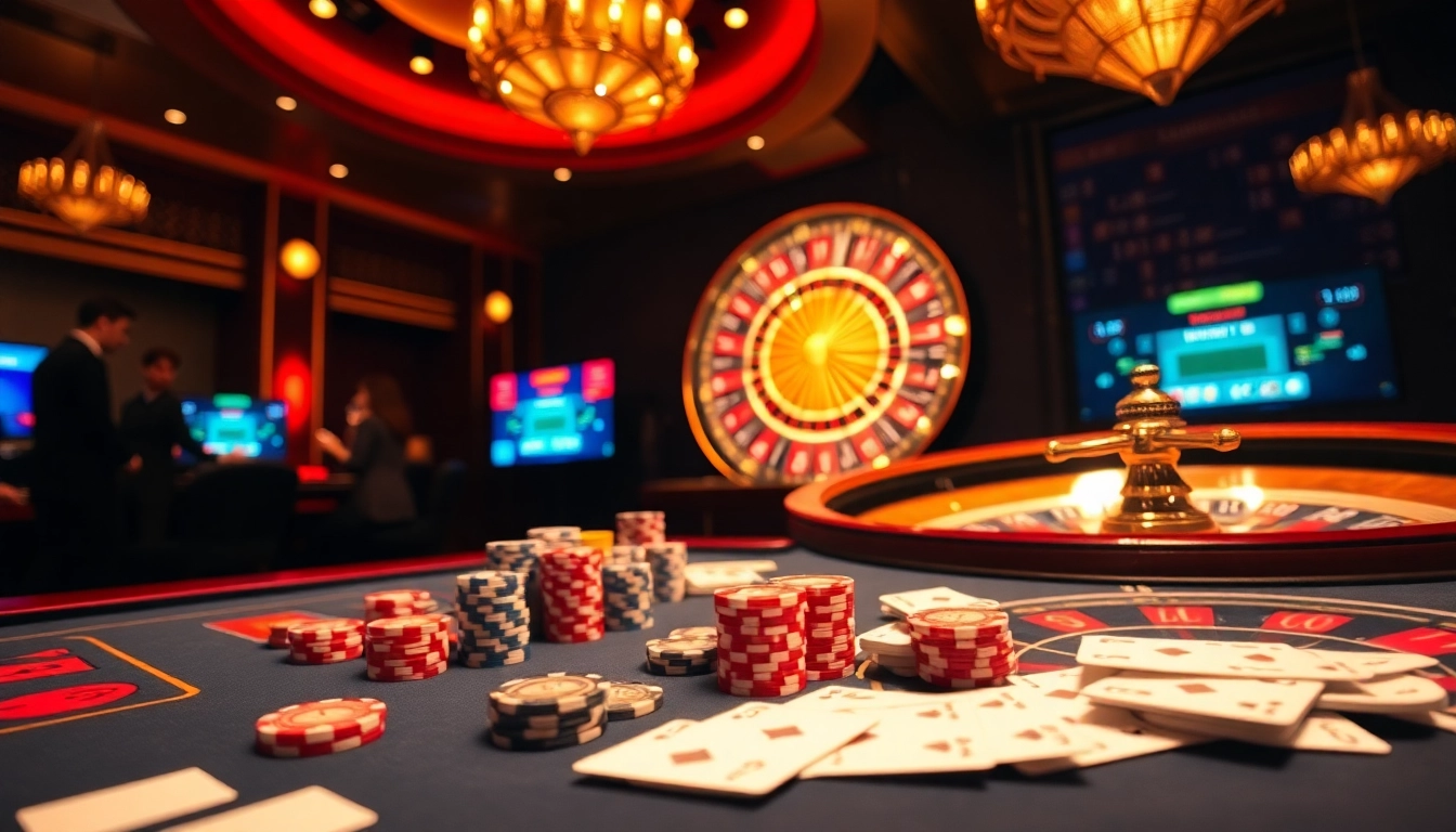 Engage in thrilling gameplay at lc88.com featuring vibrant poker chips, elegant casino tables, and dynamic online betting interfaces.