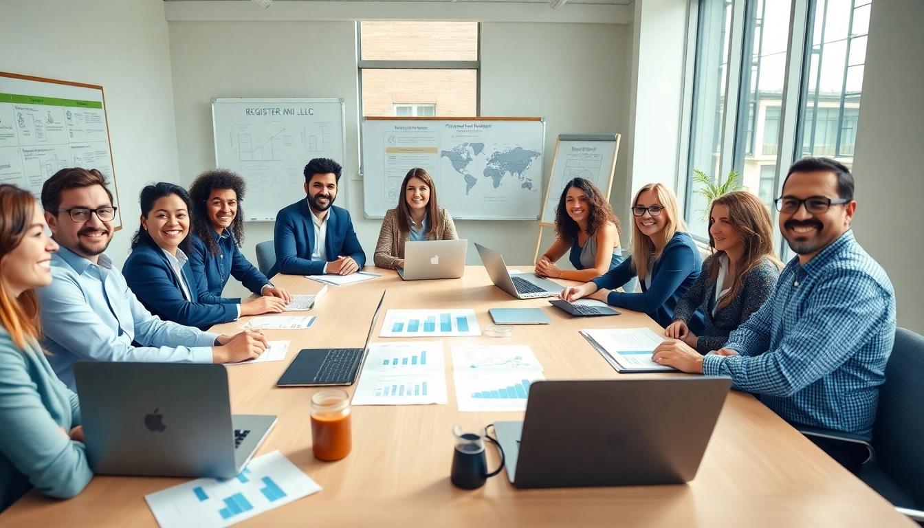 Entrepreneurs registering LLC in the US in a modern office setting, emphasizing professionalism and collaboration.