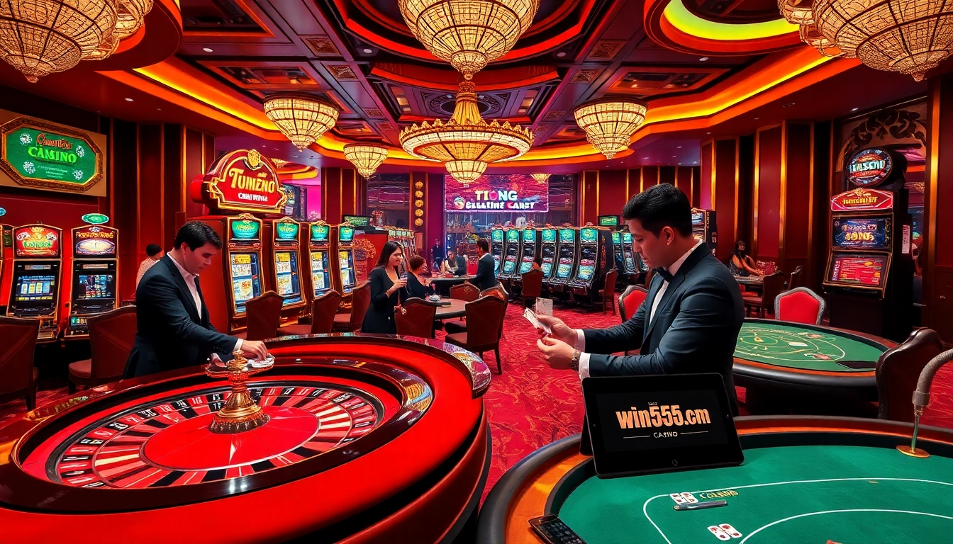 Excited players enjoying games at win555.cn.com casino, showcasing roulette, blackjack, and slot machines.