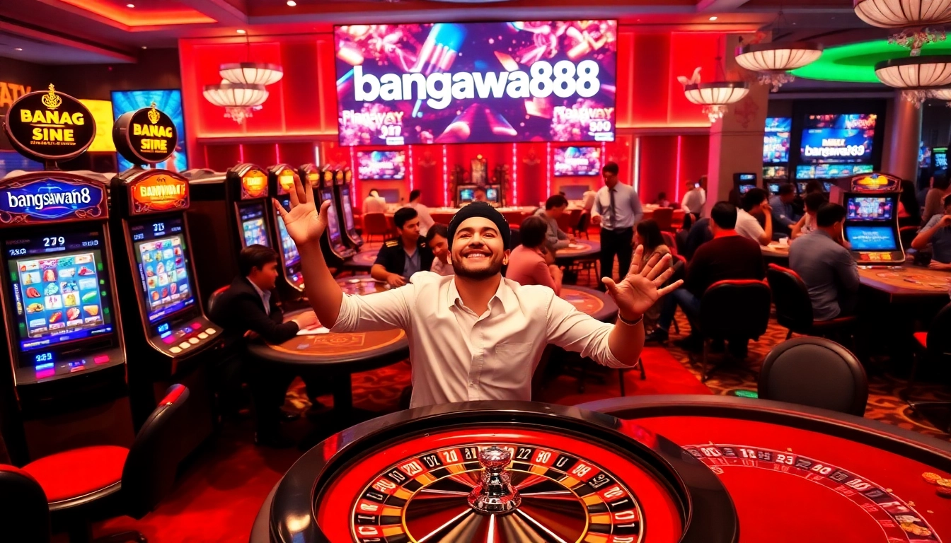Engaging gamblers at the luxury casino highlighting bangsawan88 with vibrant slot machines and games.