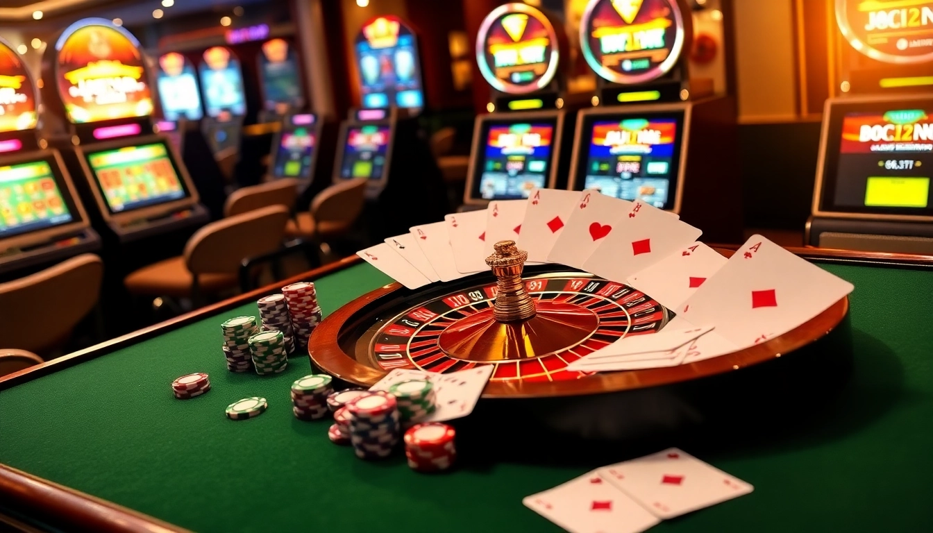 Kuwin.com showcases a vibrant casino scene with roulette, poker chips, and slot machines for an exciting experience.